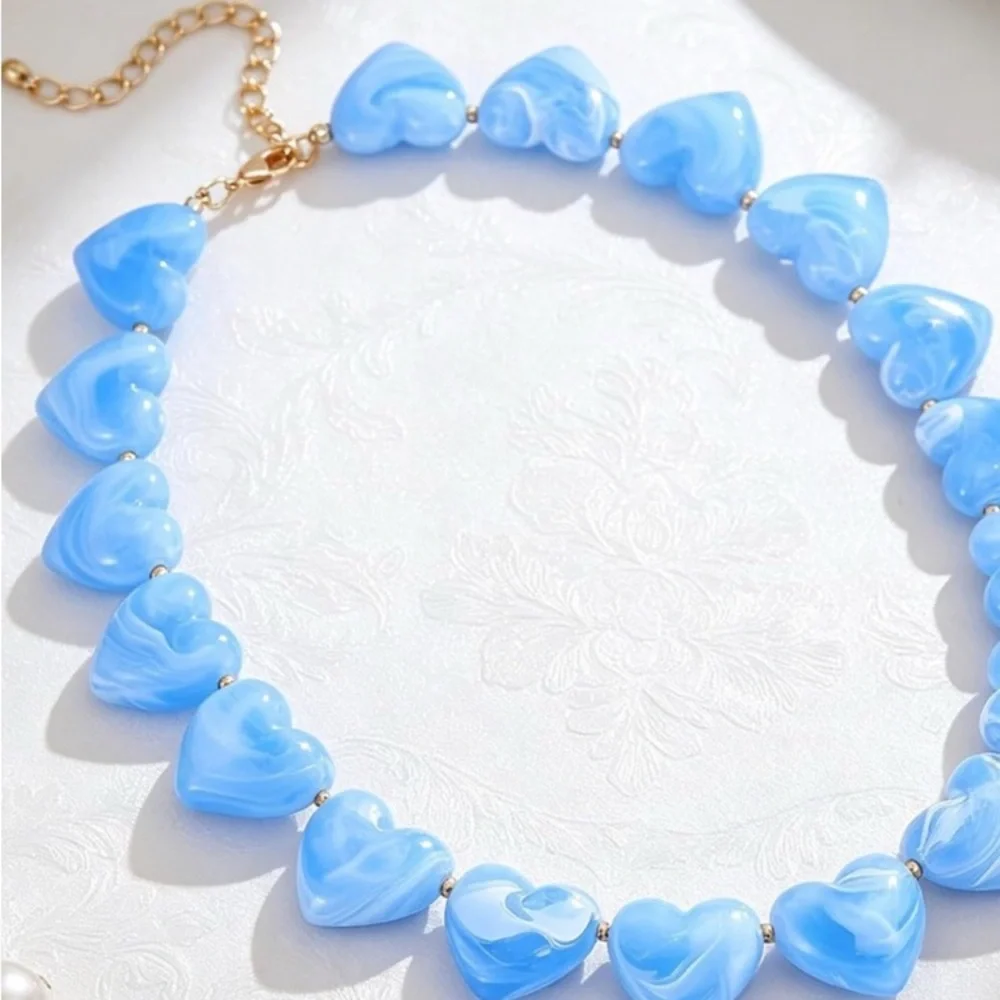 New Light Blue Heart Marbled Bead Choker Necklace